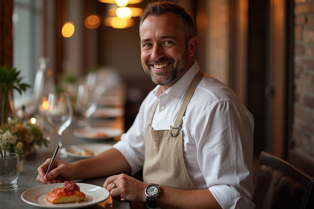 Ristoratore che offre un dolce con candelina a un cliente sorpreso, migliorando la customer experience ristorante grazie a un sistema automatico.