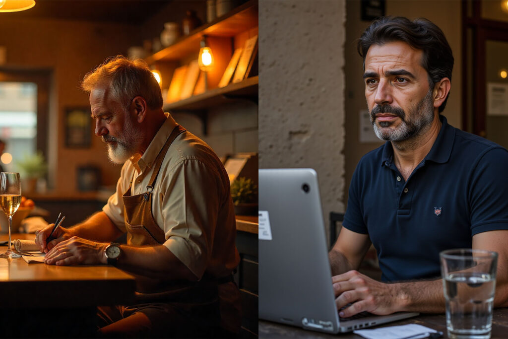 Ristoratore sereno che, come un direttore d'orchestra, supervisiona il suo locale grazie a un sistema di gestione ristorante automatico.